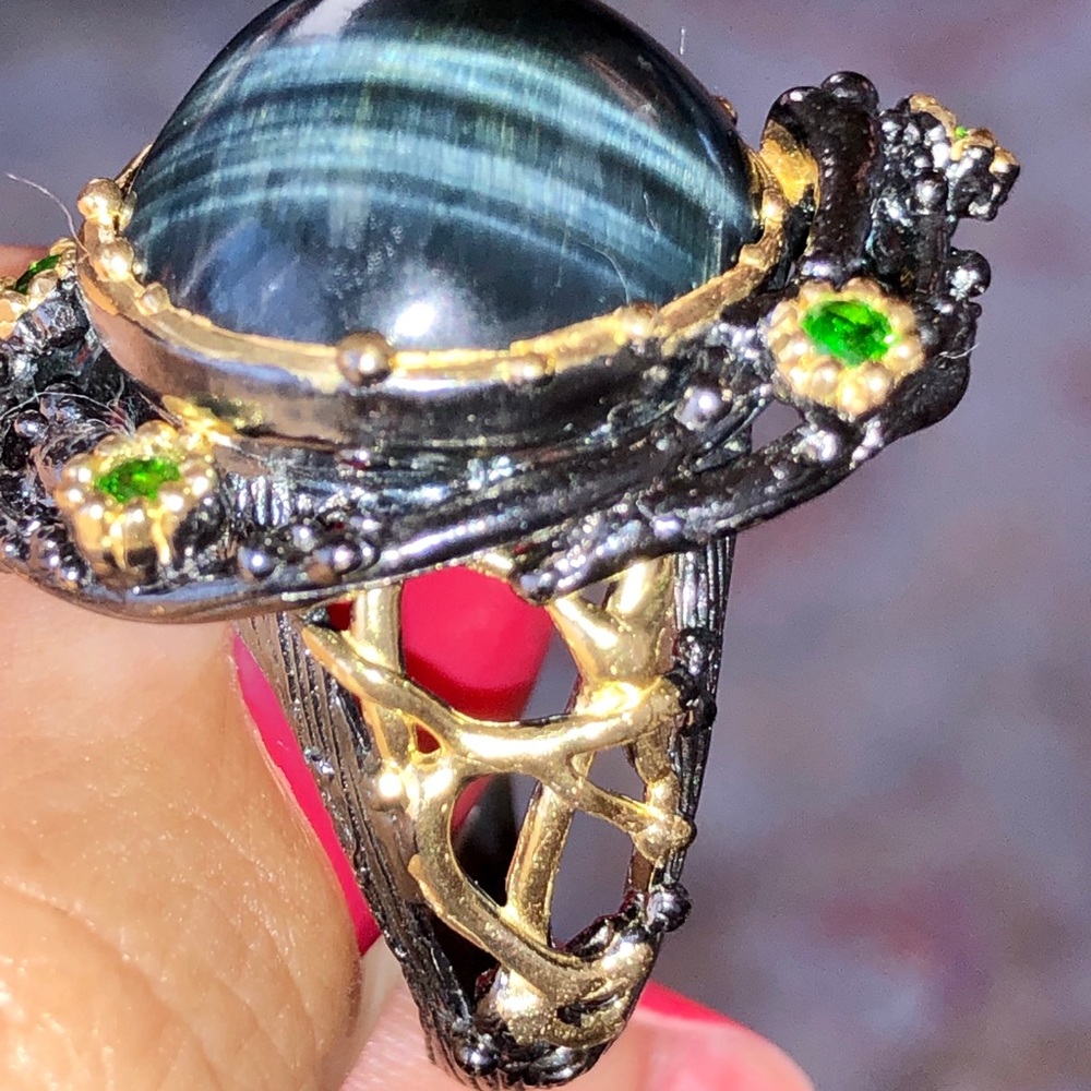 Genuine Tiger Eye Chrome Diopside Ring - Picture 3 of 8